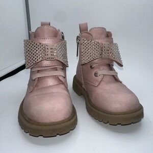 Jessica Simpson Toddler Girls Pink Shimmer Rhinestone Bow Combat Boots Size 5